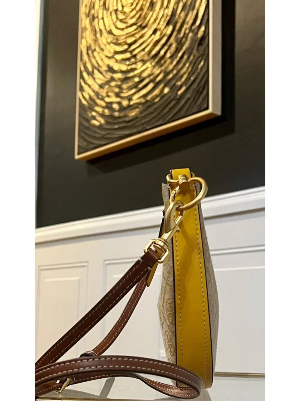 Tory Burch Monogram Half-Moon Crossbody Bag With Adjustable Strap In Yellow & Br